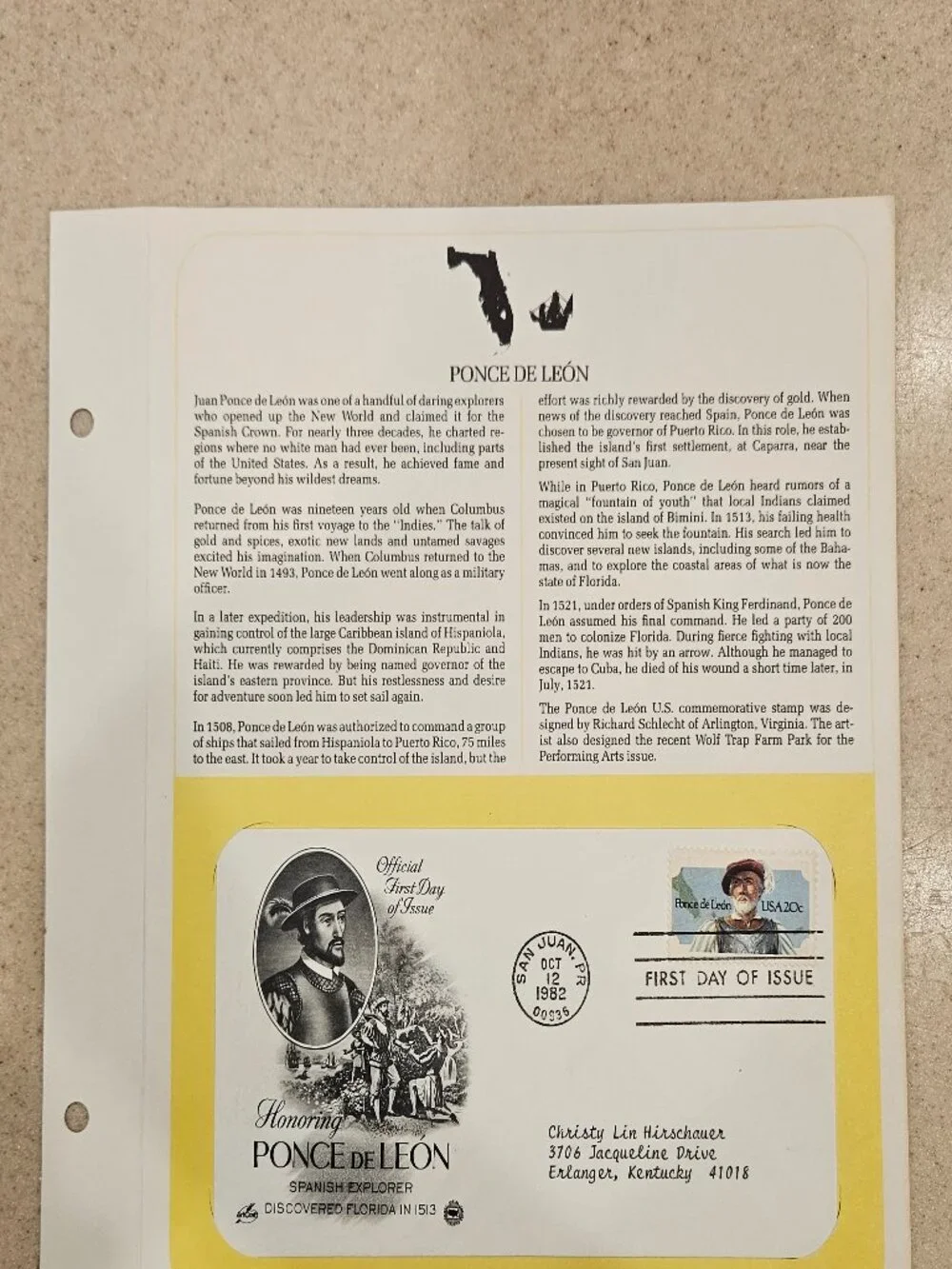 RARE COLLECTIBLE USPS 1ST DAY ISSUE COVER PONCE DE LEON SPANISH EXPLORER STAMP